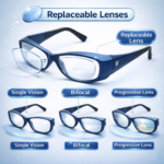 prescription safety eyeglasses with replaceable lenses supporting single vision, bifocal, and progressive options