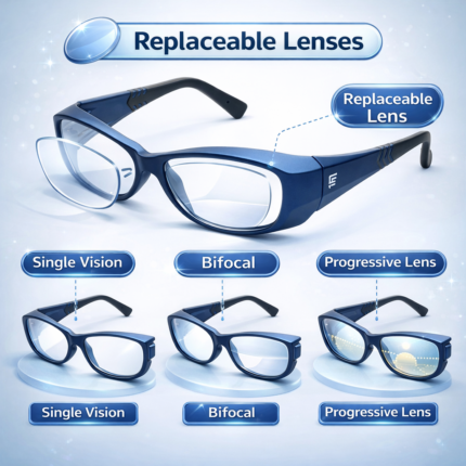 prescription safety eyeglasses with replaceable lenses supporting single vision, bifocal, and progressive options
