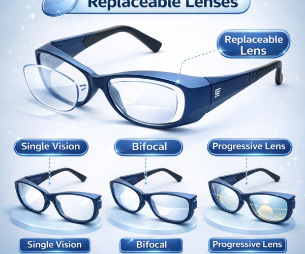 prescription safety eyeglasses with replaceable lenses supporting single vision, bifocal, and progressive options