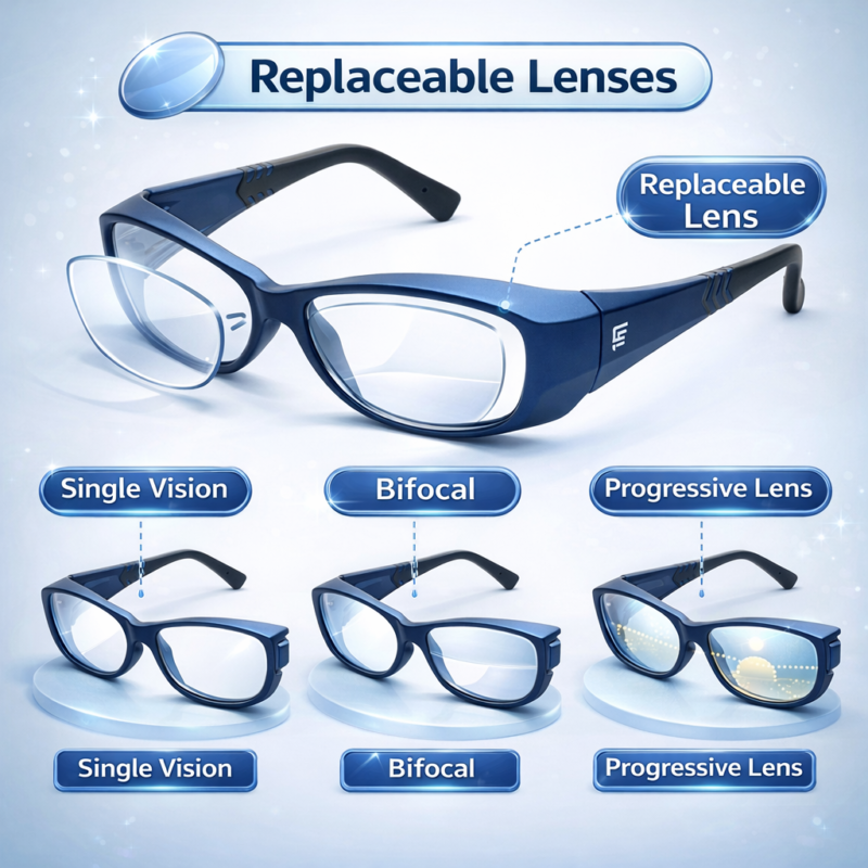 prescription safety eyeglasses with replaceable lenses supporting single vision, bifocal, and progressive options