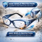 prescription safety eyeglasses frame with impact resistant lenses and protective side shields against flying particles and dust