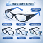 prescription safety eyeglasses with replaceable lenses supporting single vision, bifocal, and progressive options