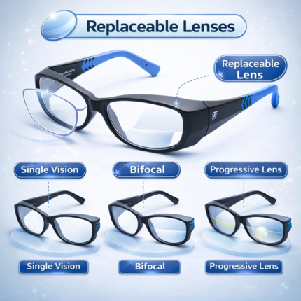 prescription safety eyeglasses with replaceable lenses supporting single vision, bifocal, and progressive options