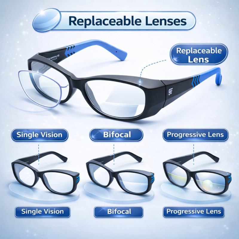 prescription safety eyeglasses with replaceable lenses supporting single vision, bifocal, and progressive options