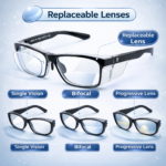 prescription safety glasses frame with replaceable lenses supporting single vision, bifocal, and progressive options