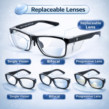 prescription safety glasses frame with replaceable lenses supporting single vision, bifocal, and progressive options