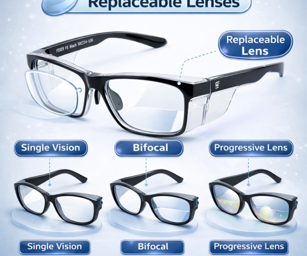 prescription safety glasses frame with replaceable lenses supporting single vision, bifocal, and progressive options