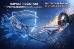 prescription safety spectacle frame with impact resistant lenses and protective side shields against flying particles and dust