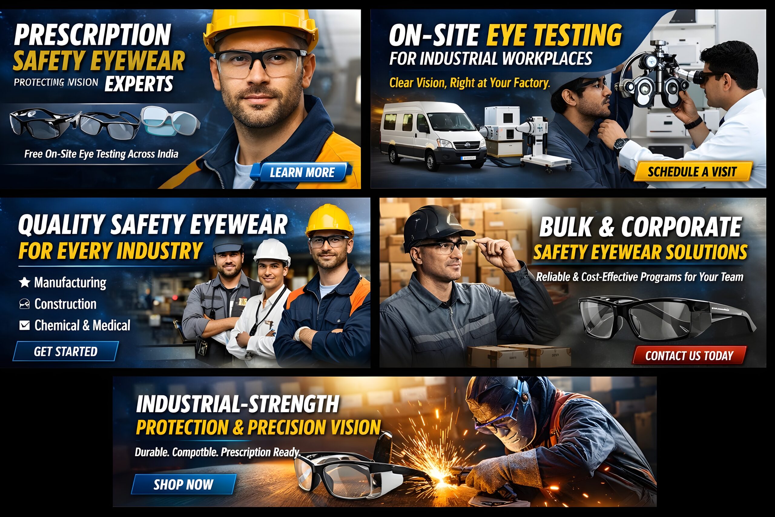 Bulk order prescription safety eyewear with free on-site eye testing for industrial and corporate workplaces