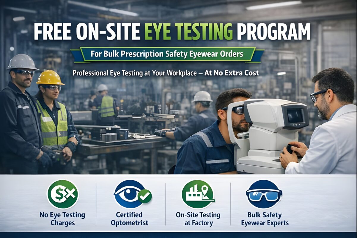 Optometrist conducting free on-site eye testing for factory workers as part of a workplace safety eyewear program