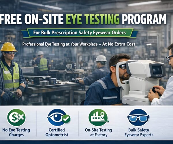 Free on-site eye testing program for prescription safety eyewear at industrial workplace