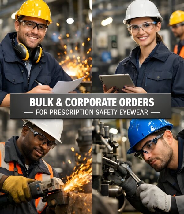 Industrial workers wearing bulk corporate prescription safety eyewear