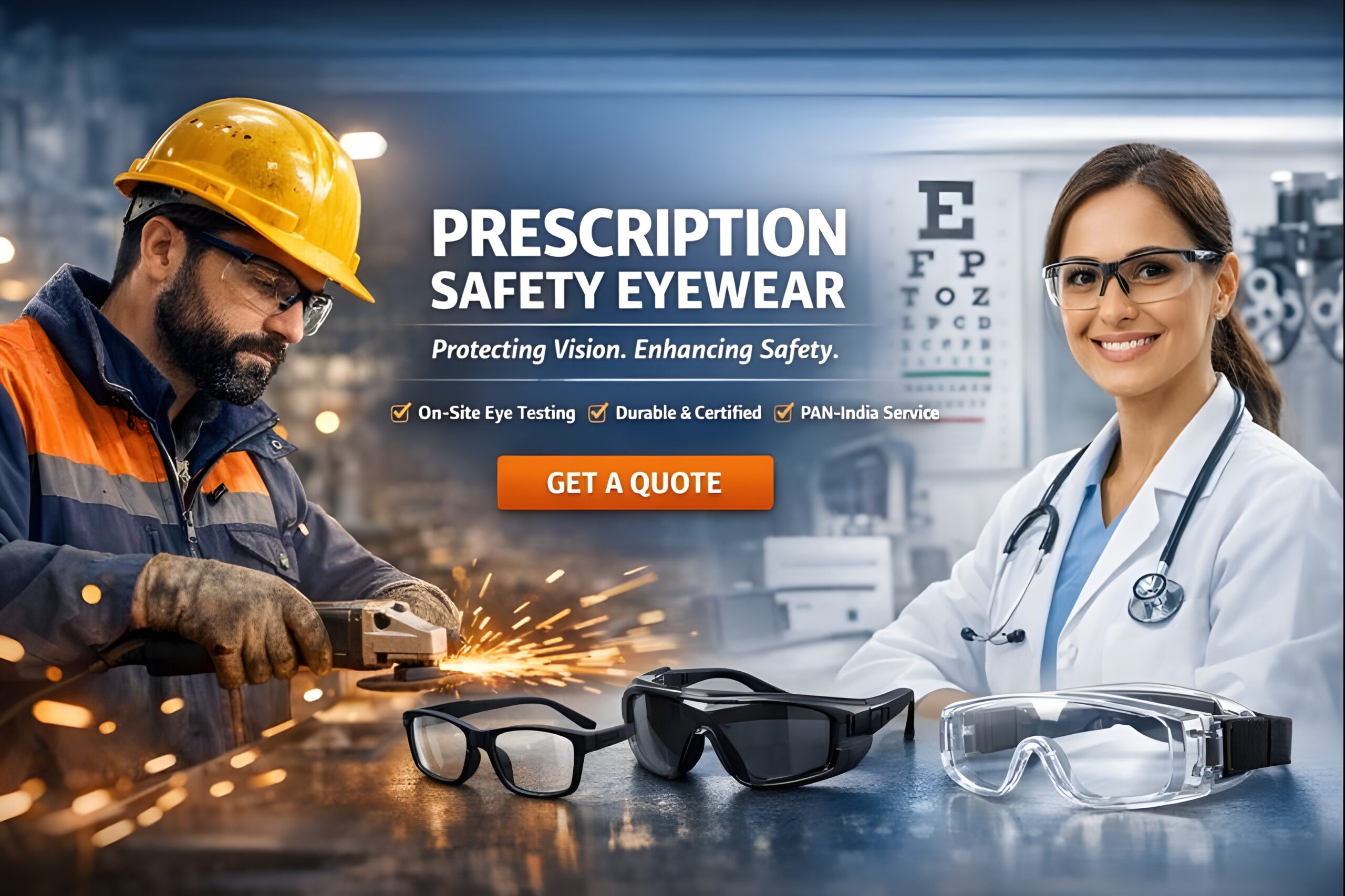 Industrial worker and optometrist showcasing prescription safety eyewear with on-site eye testing for workplace eye protection