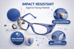 Model F94 prescription safety eyeglasses with impact resistant lenses and protective side shields against flying particles and dust