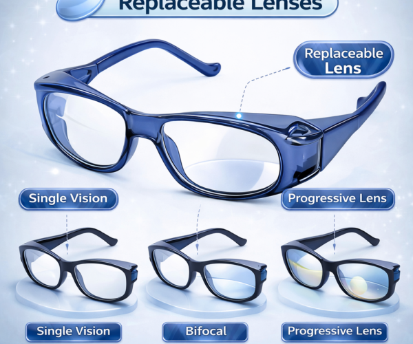 Model F94 prescription safety eyeglasses with replaceable lenses supporting single vision, bifocal, and progressive options