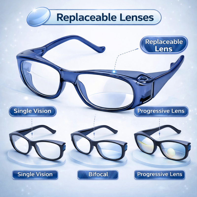 Model F94 prescription safety eyeglasses with replaceable lenses supporting single vision, bifocal, and progressive options