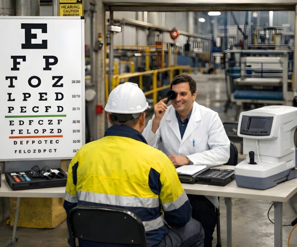 Optometrist conducting on-site eye testing for industrial workers