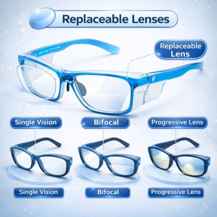 prescription safety eyeglasses with replaceable lenses supporting single vision, bifocal, and progressive options