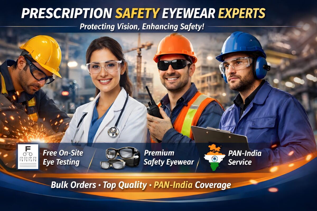Prescription safety eyewear experts providing on-site eye testing at industrial workplaces in India