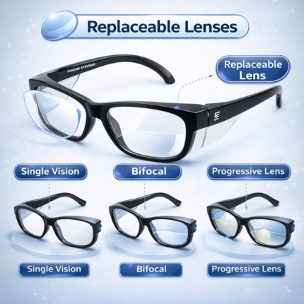prescription safety glasses with replaceable lenses supporting single vision, bifocal, and progressive options