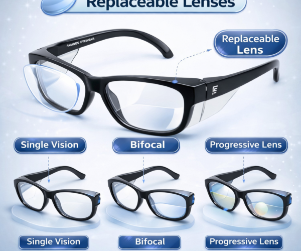 prescription safety glasses with replaceable lenses supporting single vision, bifocal, and progressive options