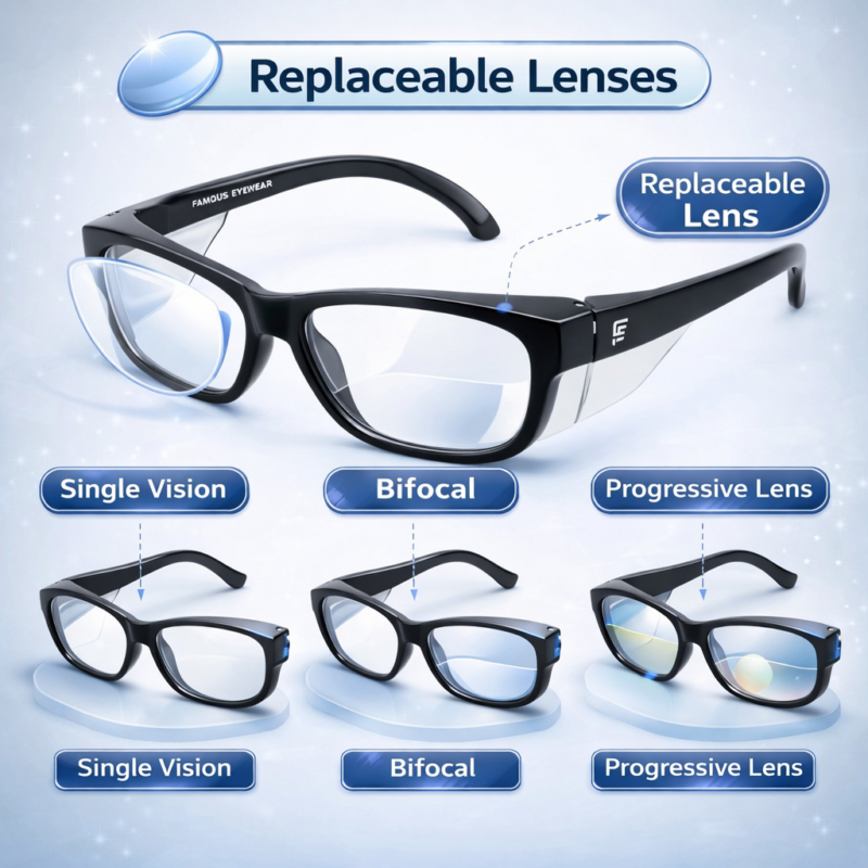 prescription safety glasses with replaceable lenses supporting single vision, bifocal, and progressive options