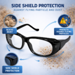prescription safety spectacle frame with side shield protection, impact resistant lenses, anti-dust debris protection and comfort fit for industrial eye safety