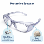 protective prescription safety eyewear with dust protection and impact resistant lenses against flying particles