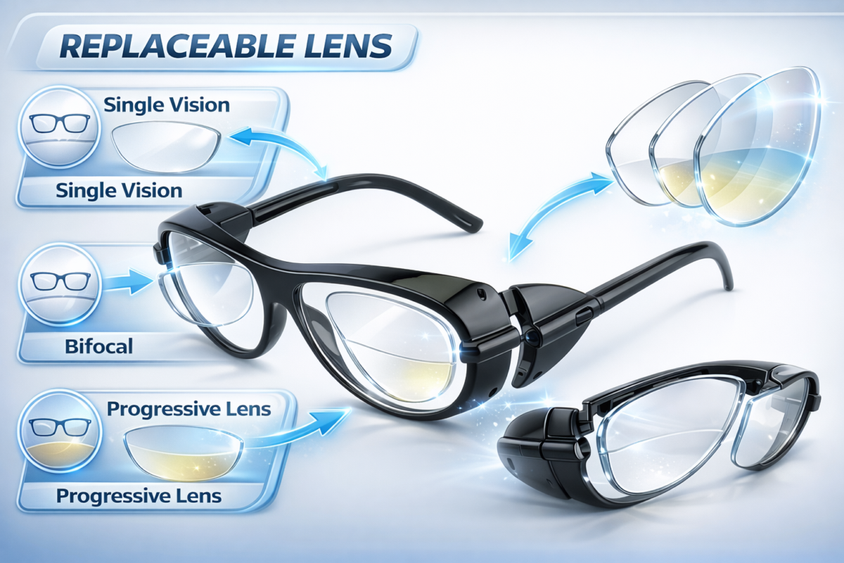 safety glasses frame with replaceable lenses supporting single vision, bifocal, and progressive options
