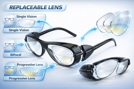 safety glasses frame with replaceable lenses supporting single vision, bifocal, and progressive options