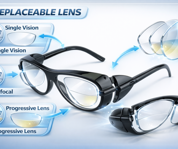 safety glasses frame with replaceable lenses supporting single vision, bifocal, and progressive options