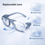 safety glasses frame with replaceable lenses supporting single vision, bifocal, and progressive options