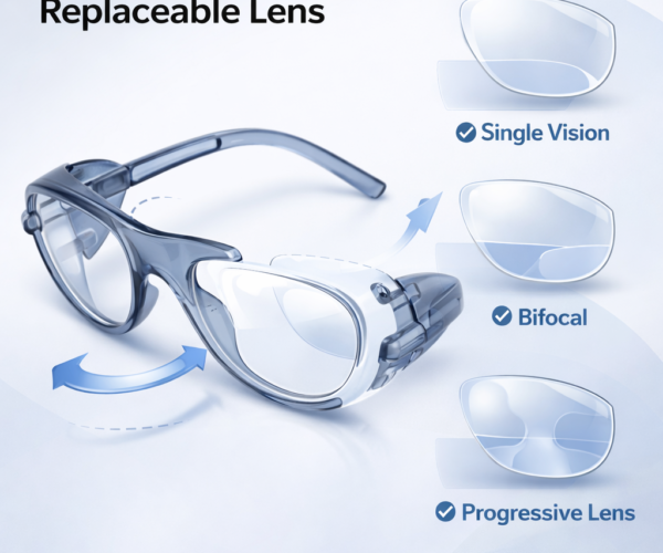 safety glasses frame with replaceable lenses supporting single vision, bifocal, and progressive options
