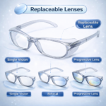 safety glasses with replaceable lenses supporting single vision, bifocal, and progressive options