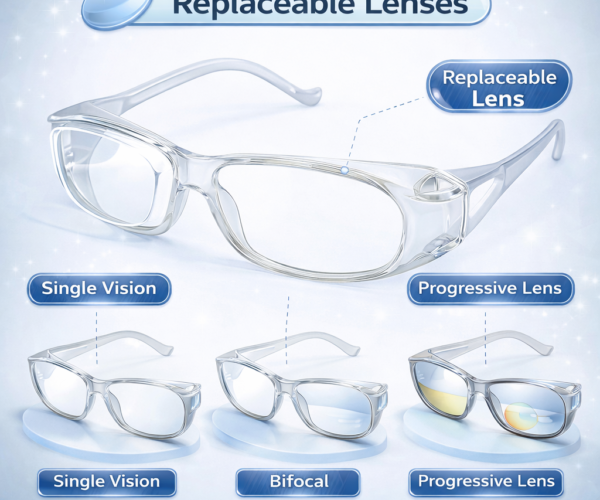 industrial safety glasses framewith clear side shields and replaceable lenses for industrial eye protection