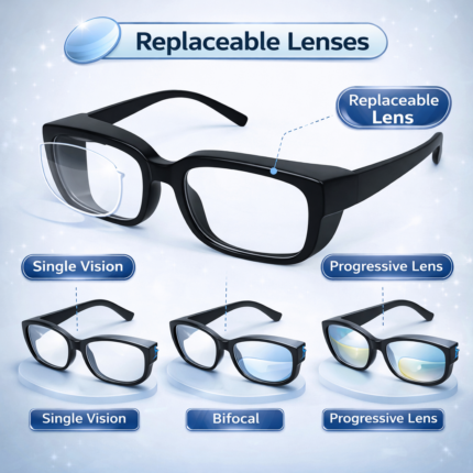 safety glasses frame with replaceable lenses supporting single vision, bifocal, and progressive options