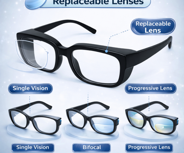 safety glasses frame with replaceable lenses supporting single vision, bifocal, and progressive options