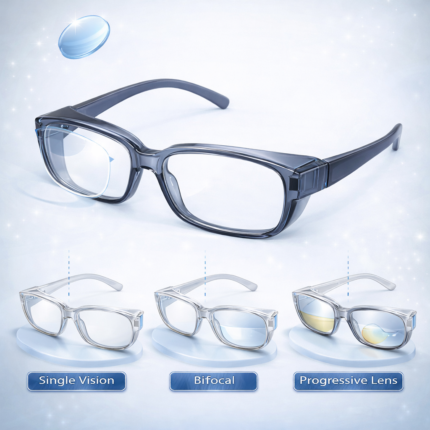 safety glasses frame with replaceable lenses supporting single vision, bifocal, and progressive options