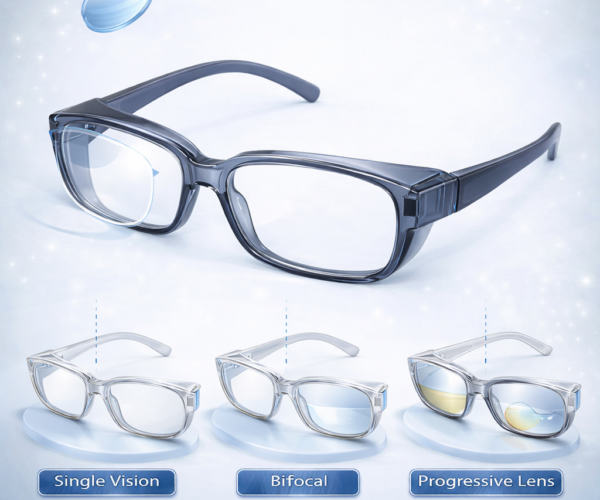 safety glasses frame with replaceable lenses supporting single vision, bifocal, and progressive options