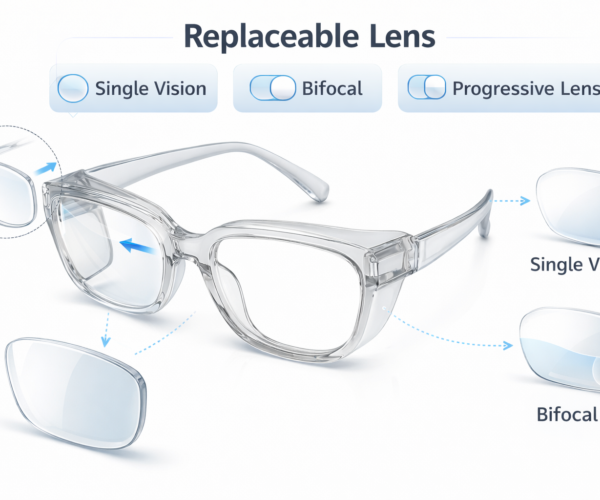 protective safety eyewear frame with replaceable lenses supporting single vision, bifocal, and progressive options