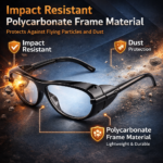 safety glasses frame with impact resistant lenses and protective side shields against flying particles and dust