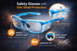 safety glasses frame with clear side shields for dust protection and flying particle resistance