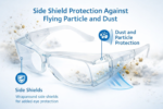 safety goggles with impact resistant lenses and protective side shields against flying particles and dust