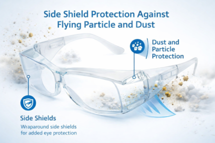 safety goggles with impact resistant lenses and protective side shields against flying particles and dust