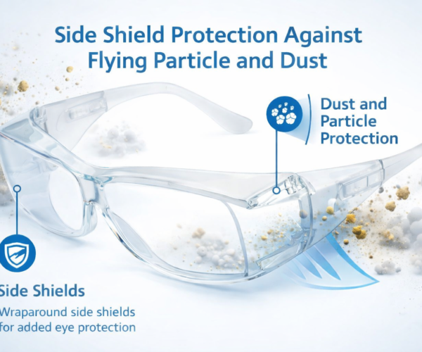 safety goggles with impact resistant lenses and protective side shields against flying particles and dust