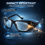 safety spectacle frame with impact resistant lenses and protective side shields against flying particles and dust