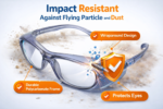 safety spectacle frame with impact resistant lenses and protective side shields against flying particles and dust