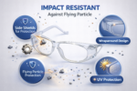 safety spectacle frame with impact resistant lenses and protective side shields against flying particles and dust