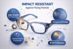 safety spectacle frame with impact resistant lenses and protective side shields against flying particles and dust
