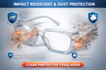 safety spectacle frame with impact resistant lenses and protective side shields against flying particles and dust